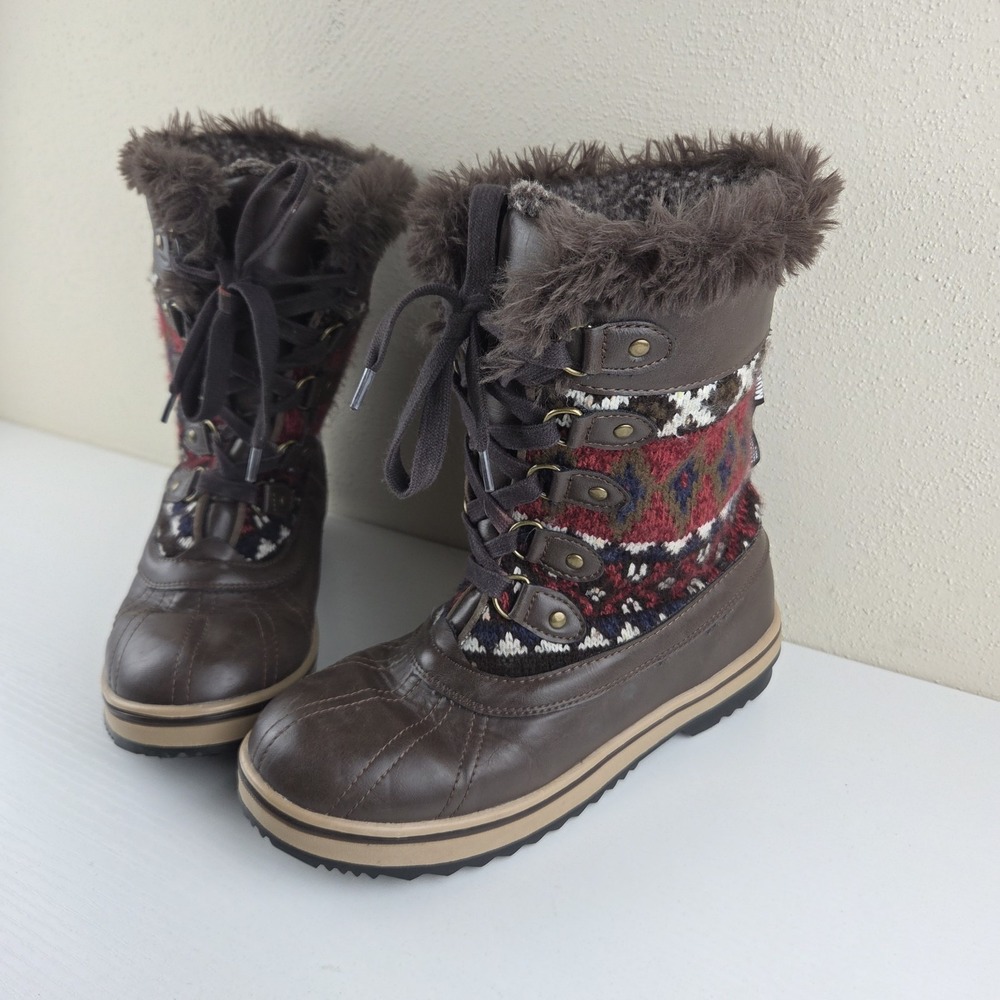 Muk Luks Brown Aztec Knit Insulated Winter Boots 200g Thinsulate Women's Size 7